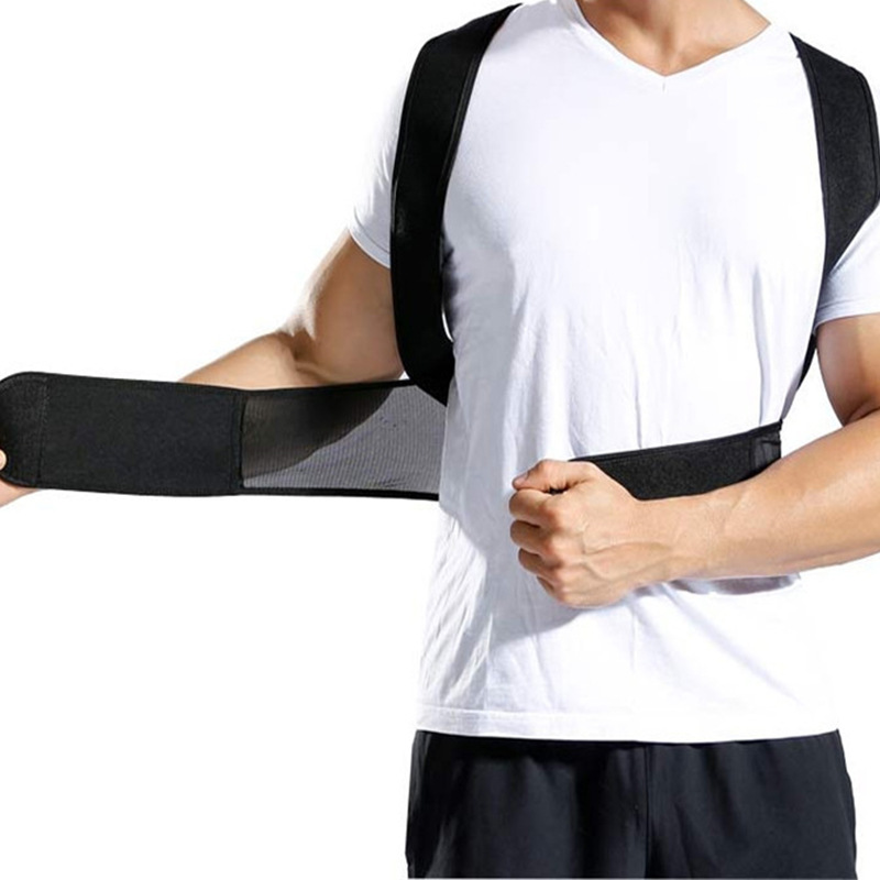 Upright adjustable posture corrector worn, adjusting the straps