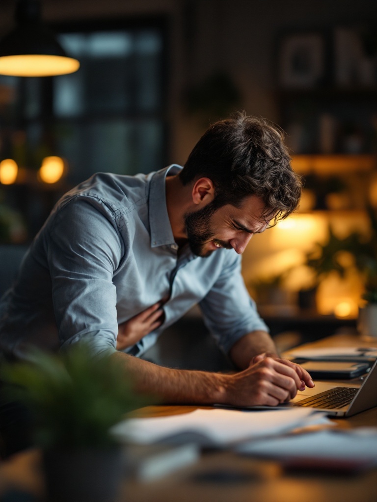 Person hunched at a desk with back pain